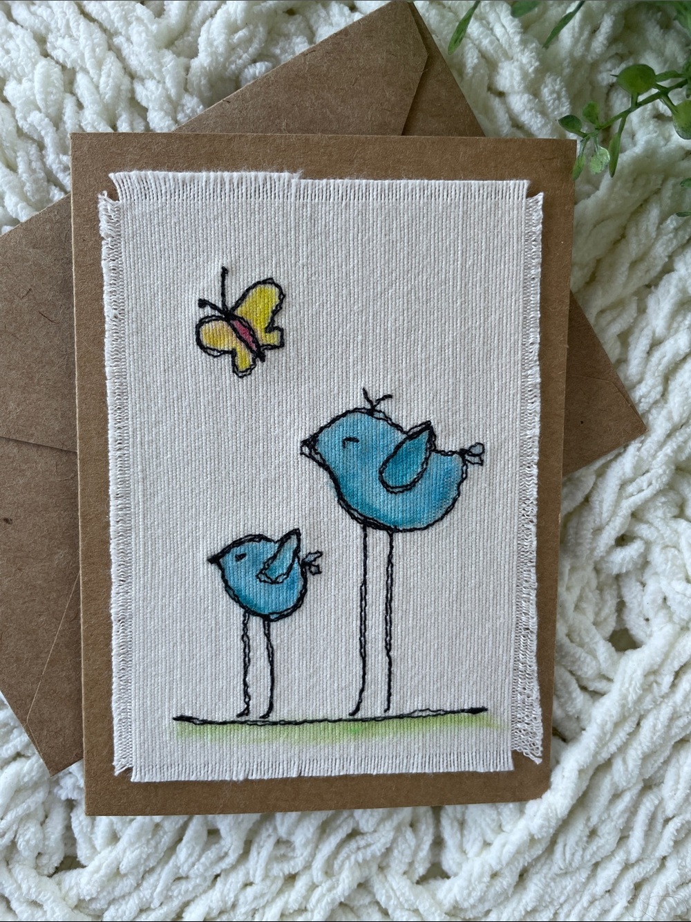 Handmade Greeting Card Blue Birds with Yellow Butterfly Embroidered Hand Painted